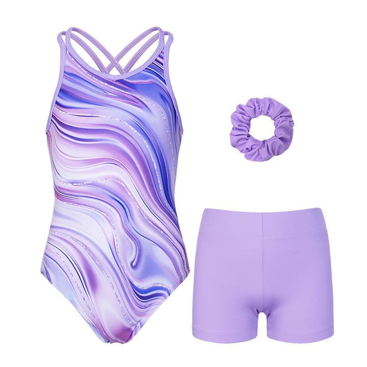 Purple Marble Crisscross Back Gymnastics Leotard Set for Girls