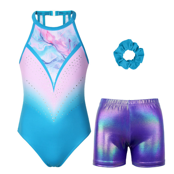 Aqua Diamond Clasp Back Gymnastics Leotard Set