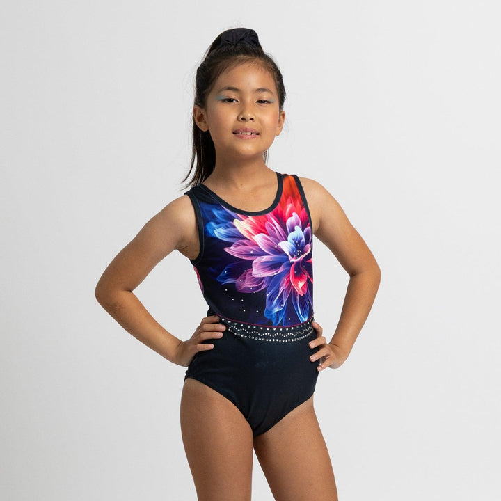 Black Flower Crystals Gymnastics Leotard Outfit Set