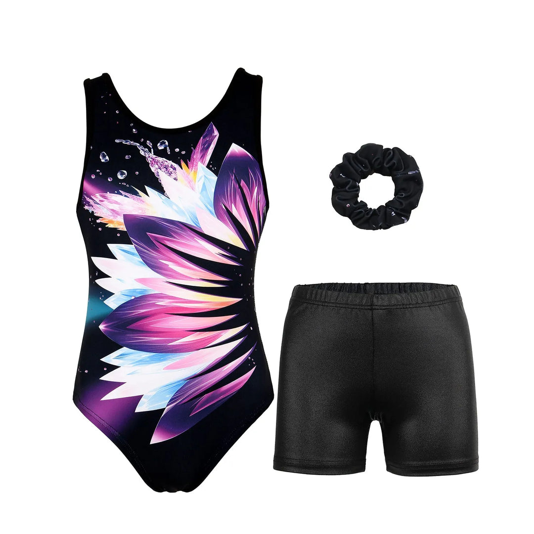 Bright Flower Gymnastics Leotard with Shorts Set