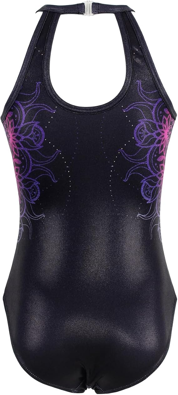 Open Back Design of Multi-Flower Lace Diamond Gymnastics Leotard