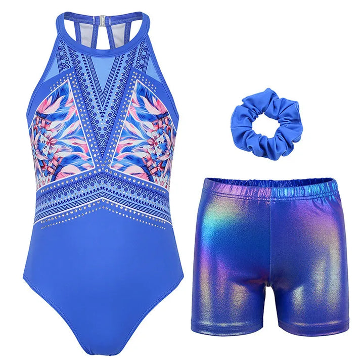 Bluish Prints Pattern Gymnastics Leotard Outfit Set