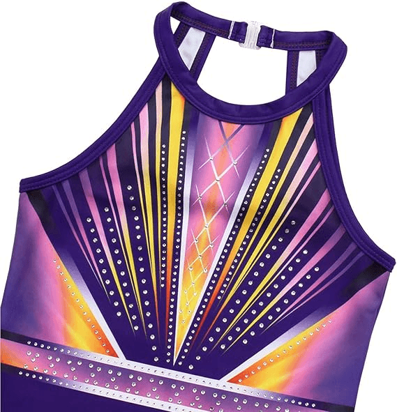 Close-up view of Sunset Diamond Clasp Back Gymnastics Leotard