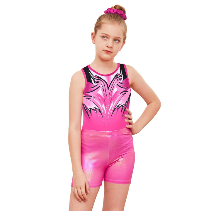 Fuchsia Fierce Geometric with Cross Back Gymnastics Leotard Outfit Set