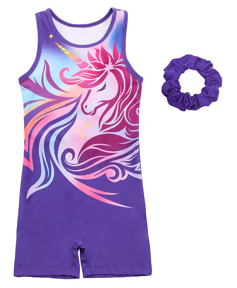 Purple Unicorn Pattern Biketard with Scrunchie