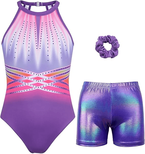 Indigo-blue Diamond Clasp Back Gymnastics Leotard Set