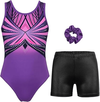 Pinkish-black Gymnastics Leotard with Shorts Set