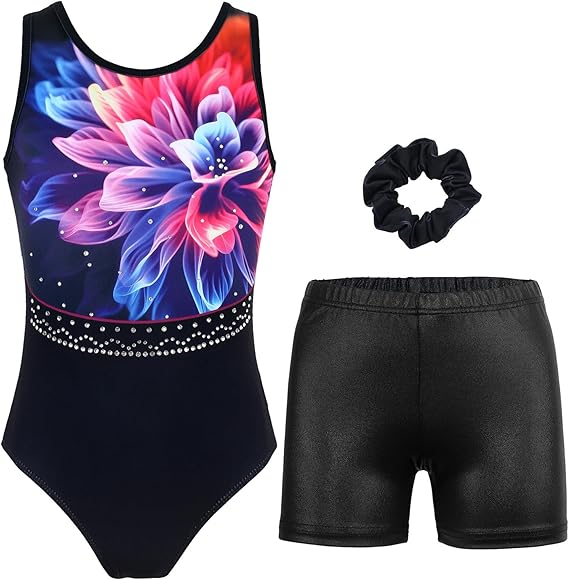 Black Colorful Flower Gymnastics Leotard Biketard Set