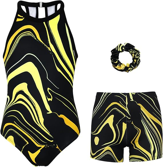 Black-gold Marble Gymnastics Leotard with Shorts Set