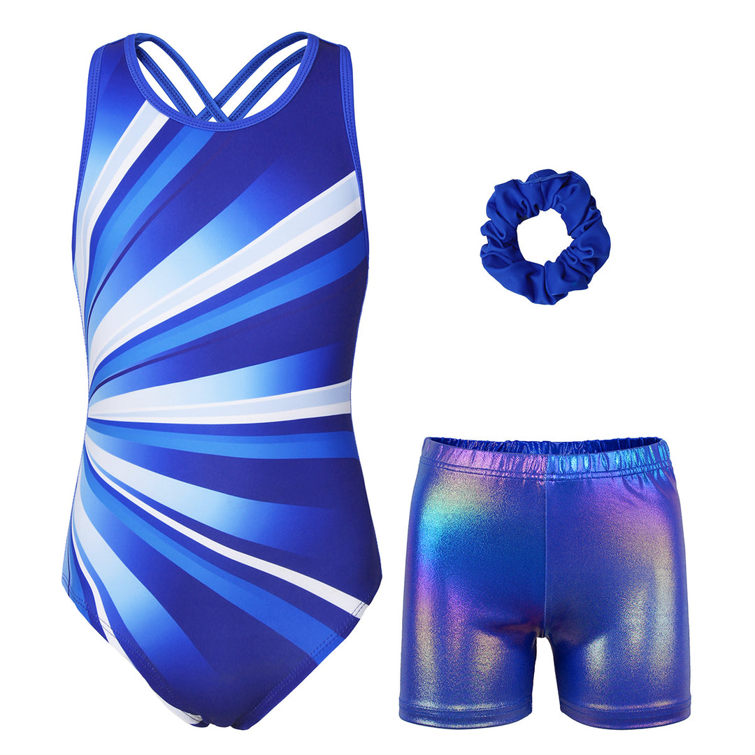 Blue Geometry Cross Back Gymnastics Leotard Outfit Set