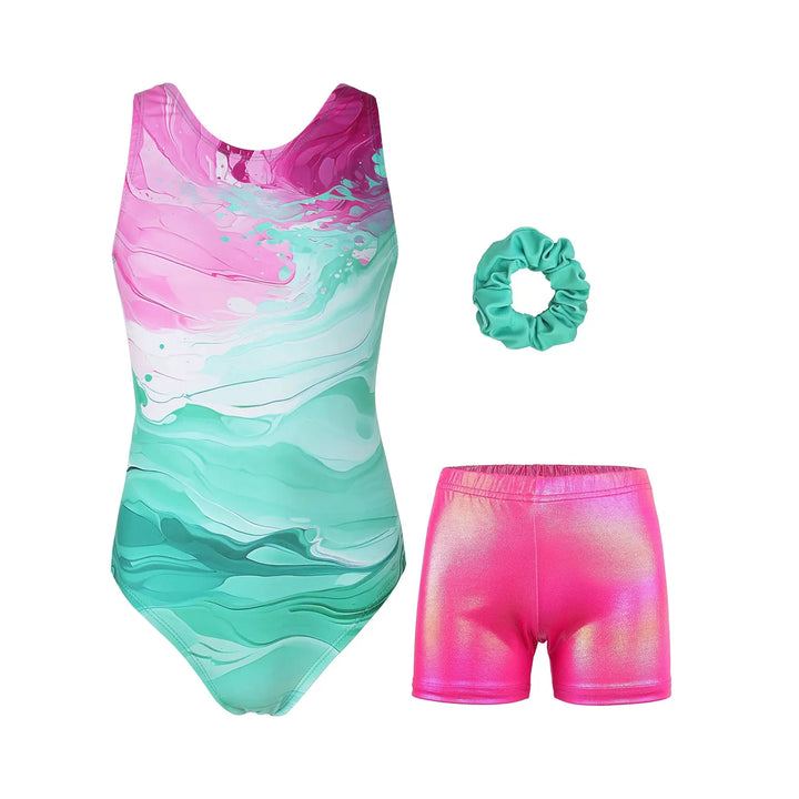 Bright Tie-dye Blocking Gymnastics Leotard Outfit Set