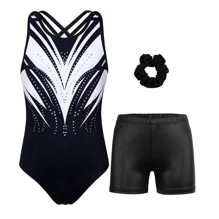 Classical Geometric Sparkle with Cross Back Gymnastics Leotard Outfit Set