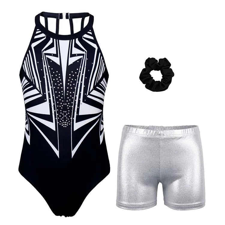 Classical White-Black Pattern Gymnastics Leotard Outfit Set