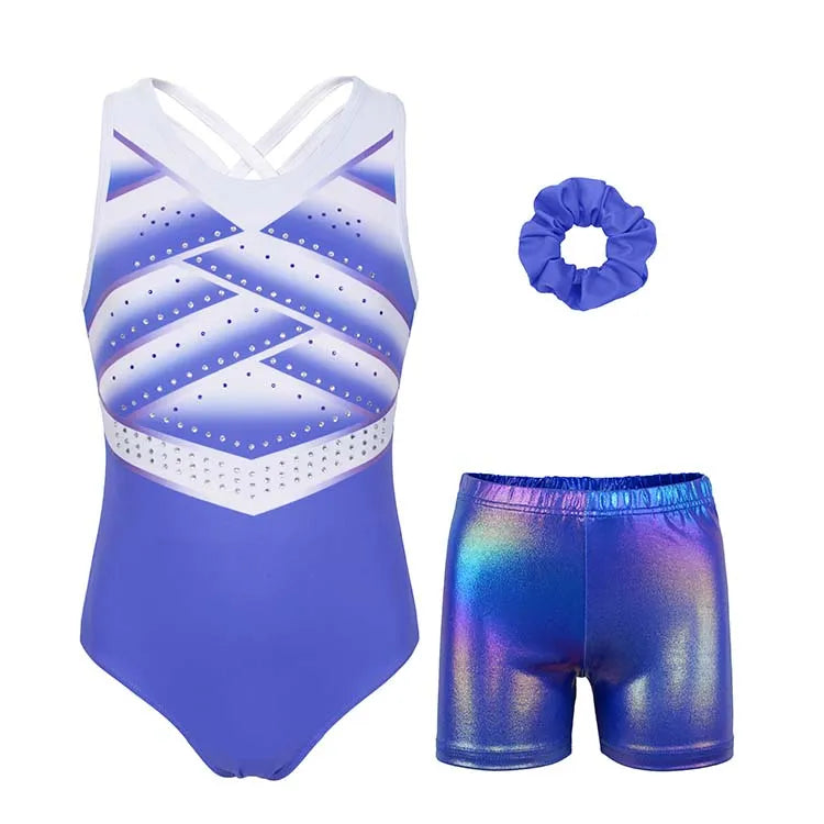 Simple Blue-white Cross Back Gymnastics Leotard Outfit Set