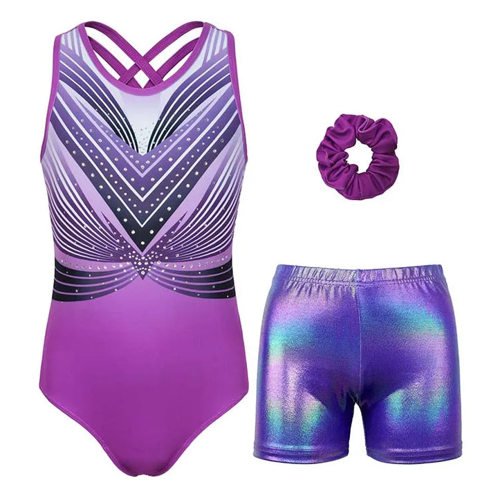 Magenta Diamond Cross Back Gymnastics Leotard Outfit Set