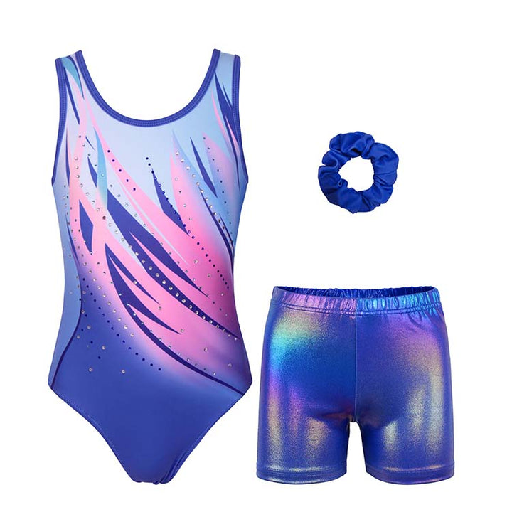 Pinklish-purple Diamond Gymnastics Leotards with Shorts Set