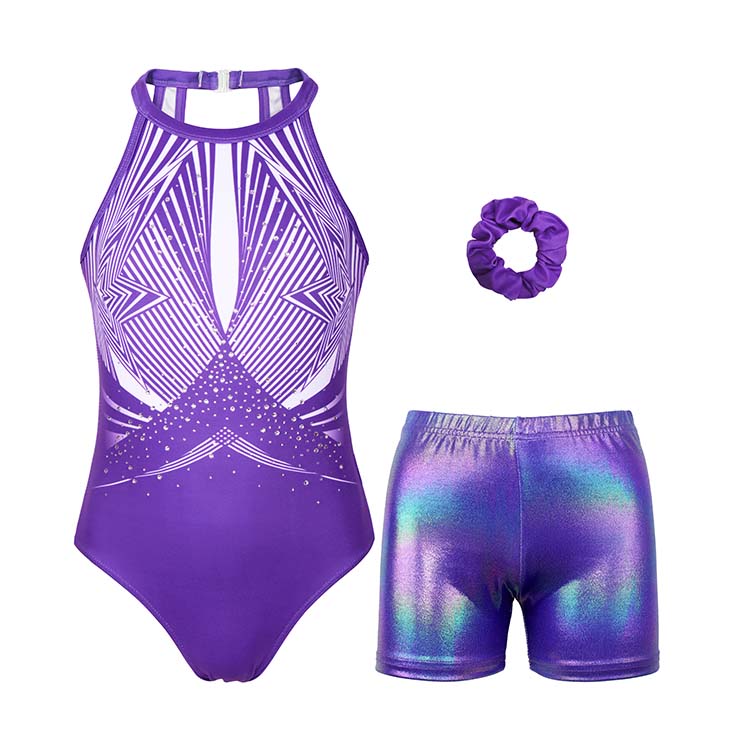 Purple-line Diamond Clasp Back Gymnastics Leotard Set