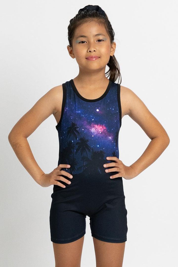 Black Cosmic Pattern Biketard Unitard for Girls