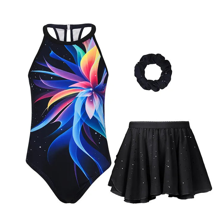 Cosmic Flower Bloom Gymnastics Leotard for Girls With Skirt