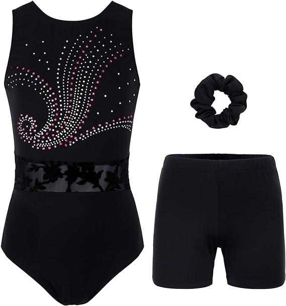 Swirling glitter black leotard with lace belt, matching shorts, and scrunchie.