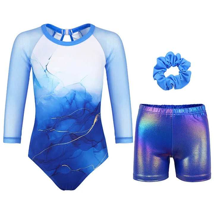 Blue Gradient Marble 3/4 Mesh Sleeve Mesh Gymnastics Leotard Set for Girls