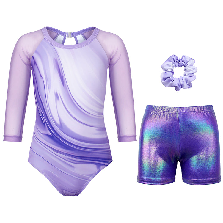 Lavender Marble Swirl 3/4 Mesh Sleeve Gymnastics Leotard Set for Girls