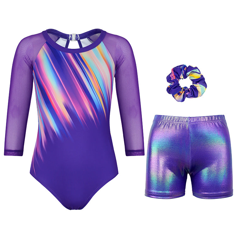 Purple Streaked Gradient 3/4 Mesh Sleeve Gymnastics Leotard Set for Girls