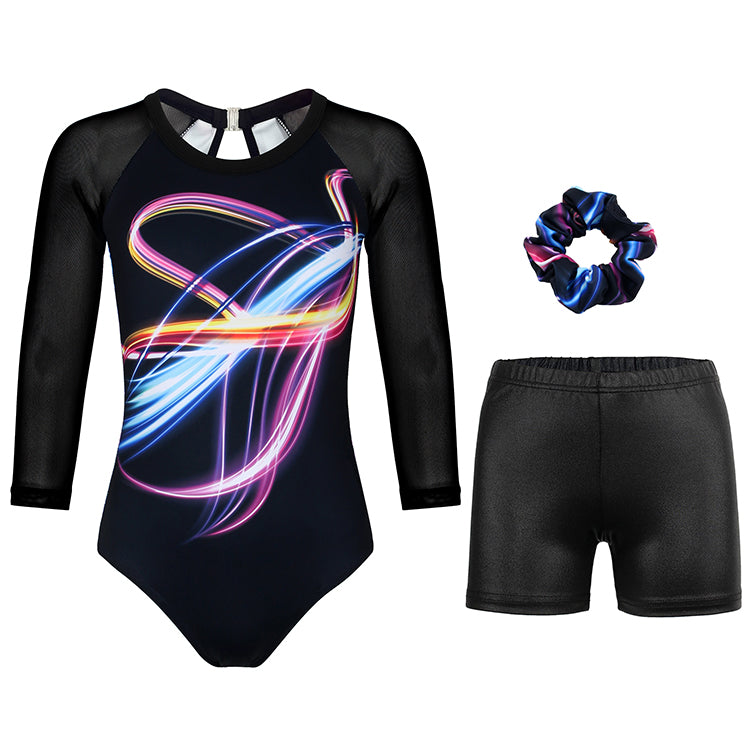 Neon Light Trail 3/4 Mesh Sleeve Gymnastics Leotard Set for Girls