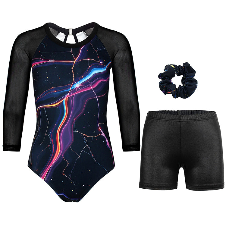 Thunder Strike Black 3/4 Mesh Sleeve Gymnastics Leotard Set for Girls