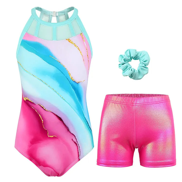 Pink, Blue, and Purple Pastel Mesh Tank Open Back Gymnastics Leotard Set