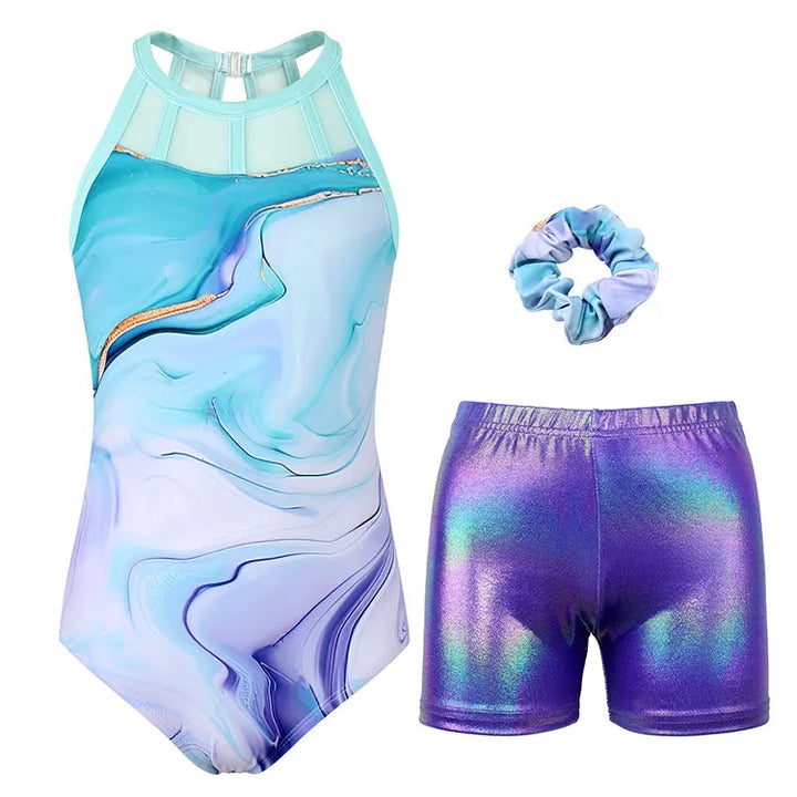 Oceanic Marble Pattern Mesh Tank Open Back Gymnastics Leotard Set