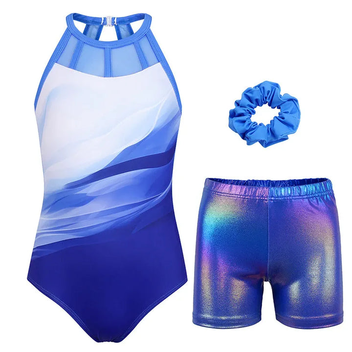 Serene Sky Blue Mesh Tank Open Back Gymnastics Leotard Set