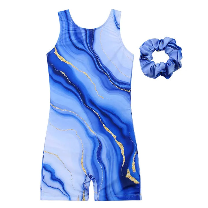 Blue Twirling Marble Gymnastics Unitard Biketard