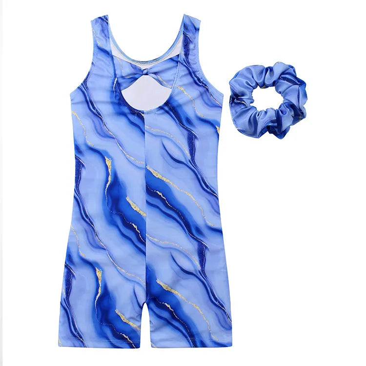 Blue Twirling Marble Gymnastics Unitard