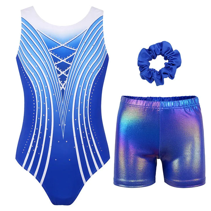 Simple-blue Line Diamond Gymnastics Leotard Outfit Set