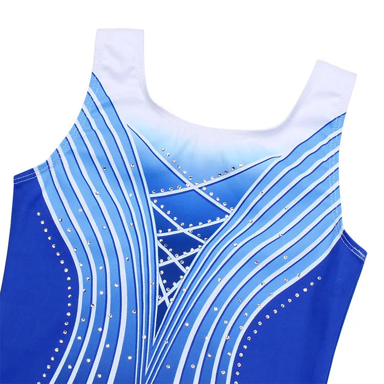 Simple-blue Line Diamond Gymnastics Leotard Outfit Set