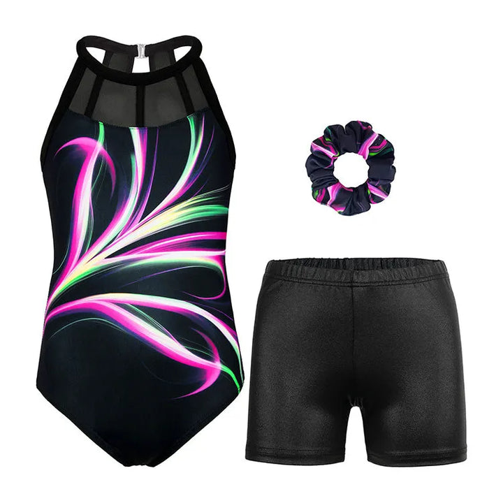 Electric Spark Lights Mesh Tank Open Back Gymnastics Leotard Set