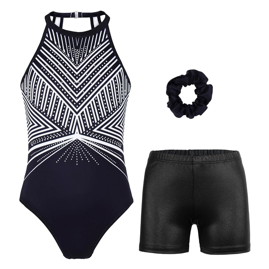 Full view of the Geometric Diamond Pattern Leotard Set including shorts and scrunchie