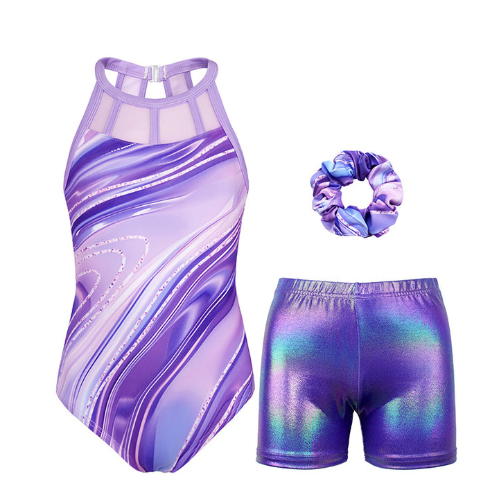 Purple Marble Mesh Tank Open Back Gymnastics Leotard Set