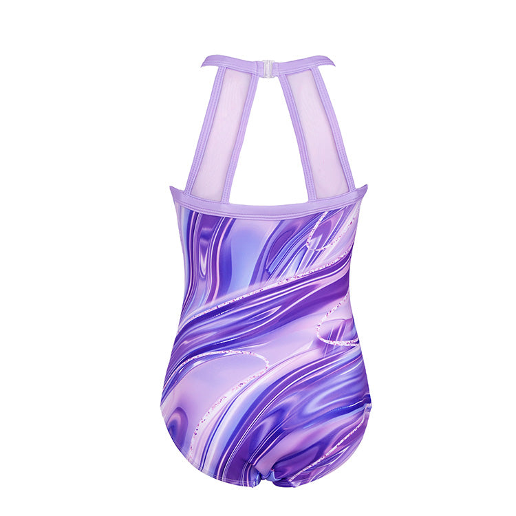 Purple Marble Mesh Tank Open Back Gymnastics Leotard Set