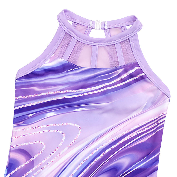 Purple Marble Mesh Tank Open Back Gymnastics Leotard Set