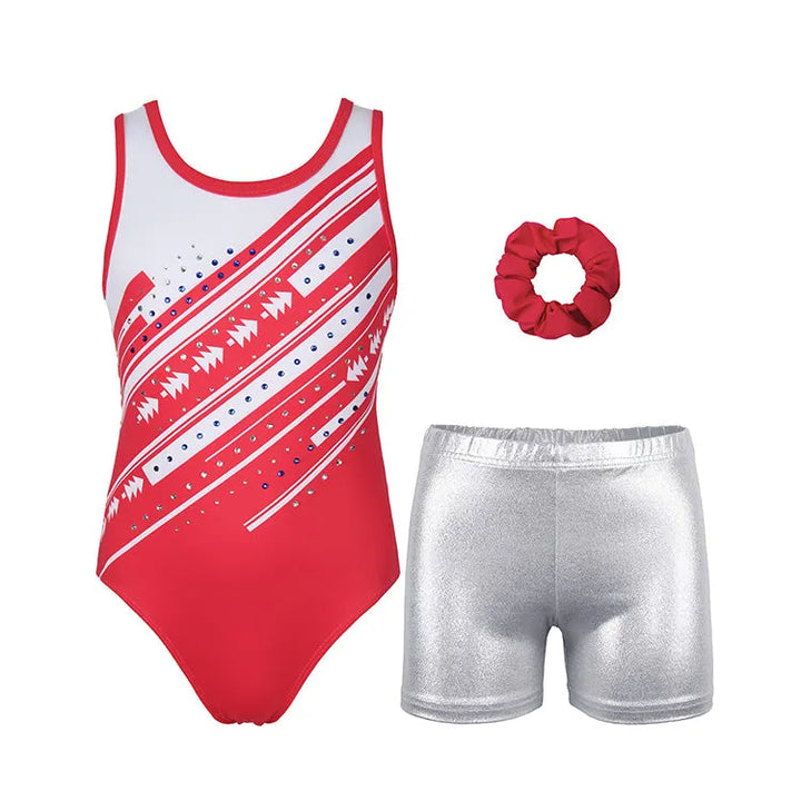 Dynamic Red and Silver Sparkle Gymnastics Leotard Set for Girls