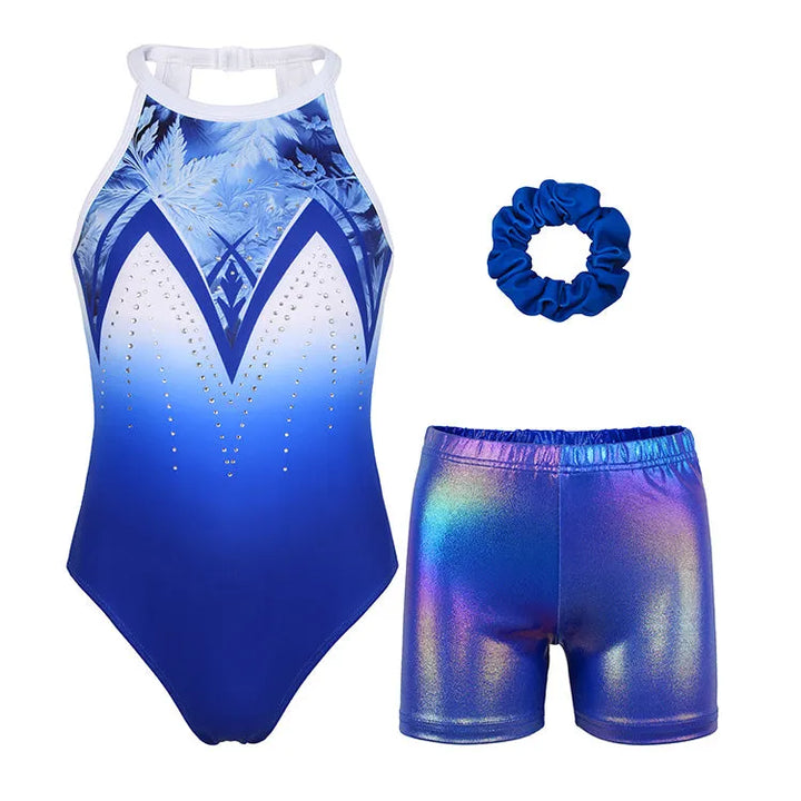 Wintery Blue Gradient U-type Clasp Back Gymnastics Leotard Set