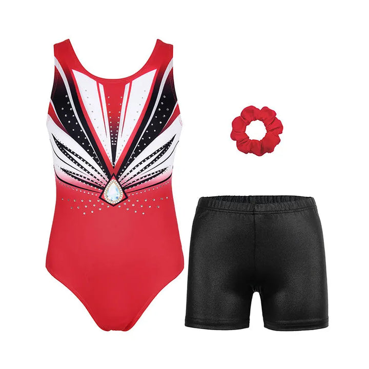 Red and Black Jewel Accent Gymnastics Leotard Outfit Set