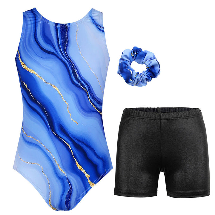 Celestial Gold Blue Marble Gymnastics Leotard Outfit Set