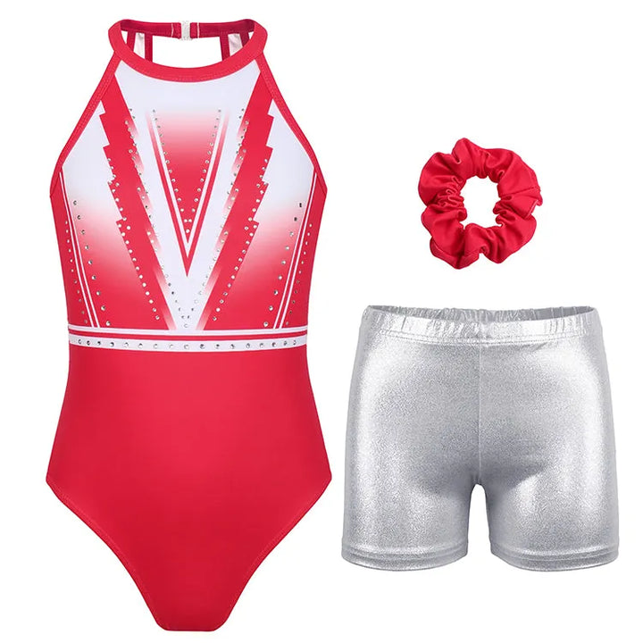 Red Geometric Rhinestone Clasp Back Gymnastics Leotard Set