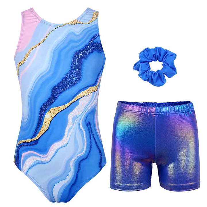 Blue Marble Wave Gymnastics Leotard Outfit Set