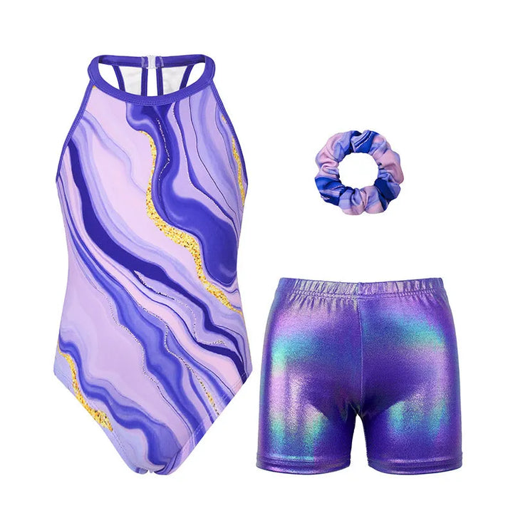 Lavender Marbled Flow Gymnastics Leotard Outfit Set