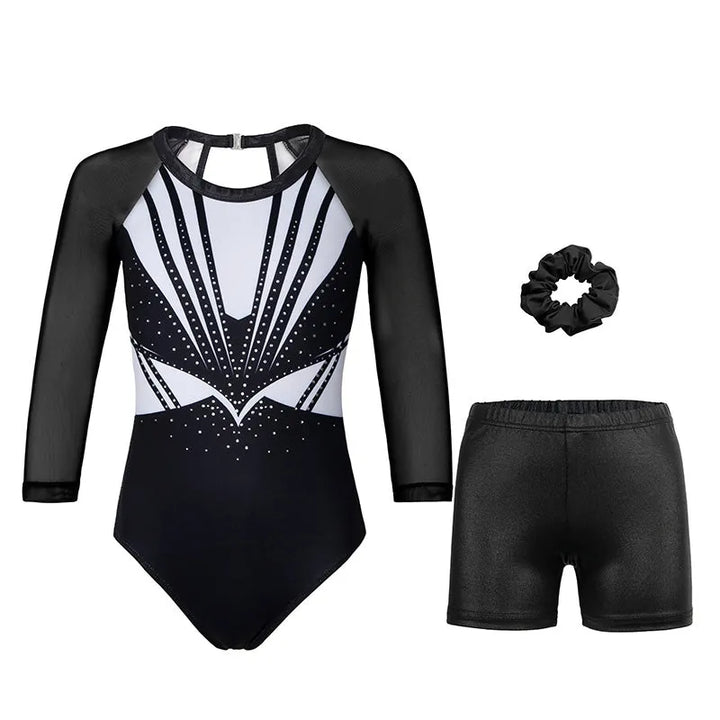 Classical Black Diamond 3/4 Mesh Sleeve Gymnastics Leotard Set for Girls