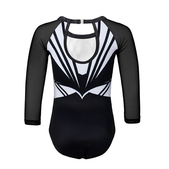 Classical Black Diamond 3/4 Mesh Sleeve Gymnastics Leotard Set for Girls